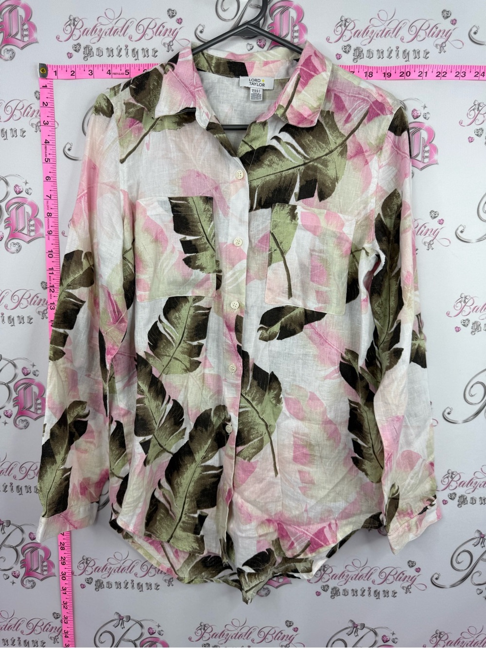 Lord & Taylor linen shirt pink and Olive Leaf-Print Button Down Shirt